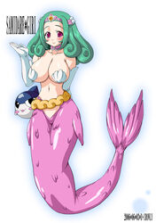 1girls 2006 blush breasts d_kurouri dated elbow_gloves female female_focus gloves green_hair highres huge_breasts jpg long_hair lulu_(magipoka) mermaid monster_girl pasties pink_tail purple_eyes renkin_san-kyuu_magical_pokaan seashell seashell_pasties smile solo