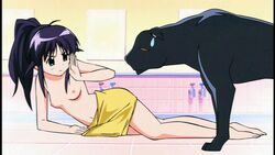 bathroom black_fur black_panther green_eyes inside lying_on_side mahoro_andou mahoromatic panther ponytail purple_hair small_breasts topless towel