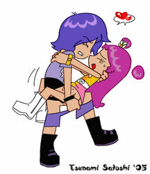 2005 ami_onuki blue_hair boots cartoon_network clothed_sex female footwear hi_hi_puffy_amiyumi human neckwear tagme tsunami_satoshi white_background wristwear yumi_yoshimura yuri