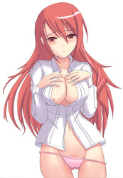 1girls bottomless breasts dress_shirt female long_hair long_red_hair megami_tensei mitsuru_kirijo nipple_slip nipples open_clothes open_shirt panties panty_pull persona persona_3 pink_panties red_eyes red_hair shirt solo source towamin underwear