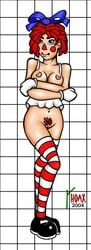 2004 apron artist_name dated hair_ribbon medium_breasts naked naked_female nipples raggedy_ann raggedy_ann_(character) red_hair rhoax smile smiling_at_viewer stockings striped_legwear stripes striptease tagme thighhighs