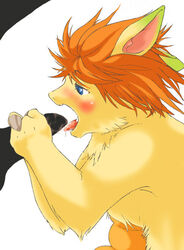 blue_eyes blush dragon flammie furry licking_penis oral orange_hair penis seiken_densetsu yellow_fur