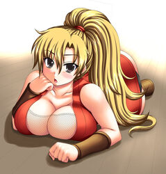 black_eyes blonde_hair blush breast_press breasts capcom cleavage d_kurouri female female_only final_fight fishnets hair highres huge_breasts human long_hair lying_down maki_genryusai ninja ponytail solo straight_hair street_fighter tied_hair