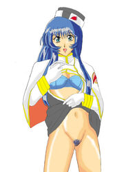 blue_bra blue_eyes blue_hair bottomless eyebrows_visible_through_hair female large_breasts long_hair martian_successor_nadesico open_mouth solo very_long_hair white_background yurika_misumaru