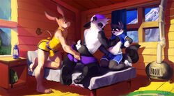 anthro ass bag barefoot baseball_cap bear black_fur blush bulge cabin claws clothes day dempsey donkey equine fireplace fondling fur furry furry_ass furry_ears furry_only furry_tail hat indoors lamp long_ears male male_only mammal multiple_males oselotti panda raccoon raised_tail round_ears shorts stripes tail tail_tuft topless undressing uniform white_fur yaoi young