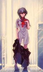 black_socks blue_hair clothes clothing female hair high_resolution human knee_socks kneehighs kneesocks kobayashi_yuji neon_genesis_evangelion no_panties red_eyes rei_ayanami school_uniform see-through seifuku serafuku short_hair skirt socks solo undressing