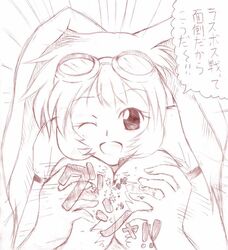 animal_ears arina_makihara breast_squish goggles_on_head japanese_text monochrome open_mouth sunsoft waku_waku_7 wink