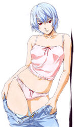 1girls blue_hair bow bow_panties camisole clothing female hair horibe_hiderou jeans looking_at_viewer midriff neon_genesis_evangelion panties pants_pull pink_panties posing red_eyes rei_ayanami short_hair solo standing underwear undressing