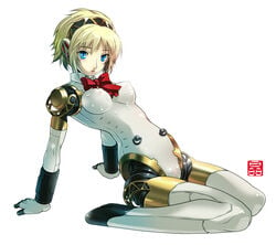 aegis_(persona) aigis_(persona) android blonde_hair blue_eyes bow cameltoe cyborg erect_nipples gynoid megami_tensei nipples persona persona_3 ribbon robot_girl robot_joints simple_background solo sonobe_kazuaki