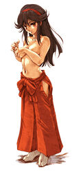 1girls breast_hold breasts brown_hair covering covering_breasts female hairband hakama hisahiko japanese_clothes kamichu kamichu! long_hair matsuri_saegusa miko navel saegusa_matsuri solo standing tabi topless