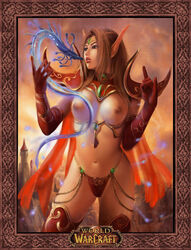 1girls 2007 armor azazel_(artist) bikini bikini_armor bikini_bottom blizzard_entertainment blood_elf blood_elf_mage boots breasts brown_hair cape elbow_gloves elf eversong_woods female gloves green_eyes long_hair mage_(warcraft) magic manawyrm nipples pointy_ears silvermoon solo swimsuit thigh_boots thighhighs warcraft world_of_warcraft