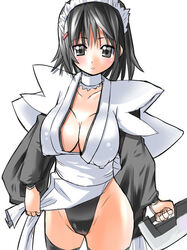 1girls black_eyes black_hair blush breasts choker cleavage erect_nipples female frills grey_eyes headband iroha large_breasts nagase_haruhito samurai_shodown skirt_pull snk solo weapon