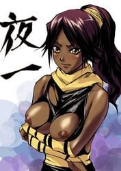 1girls bleach blush breasts crossed_arms dark-skinned_female dark_skin female long_hair nipples ponytail purple_hair redrop shihouin_yoruichi solo tied_hair torn_clothes yellow_eyes