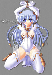 ar_tonelico blue_eyes bodysuit bondage breasts clothing kneeling long_hair pussy see-through shurelia silver_hair simple_background small_breasts stockings thighhighs white_legwear