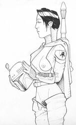 1girls artist_request black_hair breasts clothing female female_focus female_only half-dressed looking_away lucasfilm mandalorian medium_breasts monochrome nipples pubic_hair simple_background solo source_request star_wars the_empire_strikes_back undressing white_background year_request