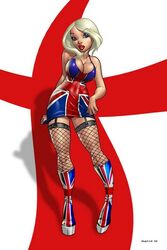 1girls 2008 art bimbo blonde_hair blue_eyes breasts cleavage dominic_marco english_flag fishnet_stockings flag garter_straps hourglass_figure red_lipstick stockings thighhighs union_jack