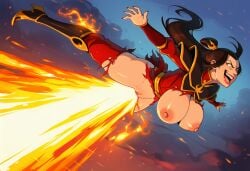 absurd afterburner ai_generated avatar_the_last_airbender azula bottomless breasts_out crazy_eyes crazy_smile exposed_breasts female fire_bending fire_blast fire_manipulation flames flamethrower flying funny hanging_breasts huge_breasts humor midair pussy shaved_pussy using_powers