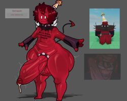 007n7_(forsaken) 1boy ame_momos c00lkidd_(forsaken) child_bearing_hips collar devil_horns devil_tail femboy femboy_focus forsaken(roblox) forsaken_(roblox) gray_background huge_balls huge_cock hung_femboy male_only meme_in_the_background precum precum_drip red_body red_hair red_skin roblox_game thick_ass thick_thighs whiteeyes younger_male