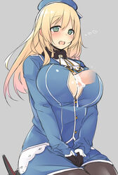 atago_(kantai_collection) black_gloves black_legwear blonde_hair blush breasts cum cum_on_body cum_on_breasts cum_on_upper_body female gloves green_eyes hat kantai_collection large_breasts long_hair male nekoume open_mouth paizuri paizuri_under_clothes pantyhose penis personification rough smile solo_focus straight