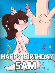 about_to_do_blowjob birthday birthday_hat blue_eyes brown_hair confetti dick_on_head female freckles freckles_on_shoulders hearts_around_head kyle_(wii_deleted_you) sam_(wii_deleted_you) thelewderchris wii_deleted_you