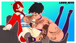 3d black_hair blowjob blue_eyes choker hair_over_one_eye hiderlink20 hoodie kiss_mark_on_balls kiss_mark_on_penis koikatsu lewd_nite moruke_omura_(character) pixie_cut red_hair striped_legwear sunglasses tattoo tattooed_arm