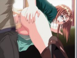 animated asahi_ayano bent_over blush brown_hair chikan female game_cg glasses high_heels interior moaning mochizuki_nozomu oneesan_nakadashi_chikan_ressha rape sex short_hair skirt_lift train vaginal_penetration