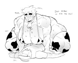 artist_name big_breasts big_thighs breasts cow_print_bikini elliot_(forsaken) english_text forsaken_(roblox) guest_1337_(forsaken) line_art male_focus male_only man_boobs mooing on_top request roblox roblox_game robloxian self_upload size_difference stockings sweat tagme text toari