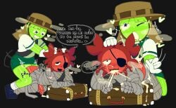 cum cum_in_ass cum_in_mouth cum_inside eye_patch eyebrowless green_skin hat male/male male_penetrating male_penetrating_male no_artist noseless peak_(videogame) penetration red_body spanish_dialogue suitcase sweat sweatdrop text_bubble
