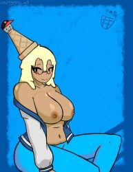 118o8 areolae belly_button big_breasts breasts brown_skin clothing female female_only forsaken_(roblox) glasses ice_cream_cone_hat ice_cream_hair jacket letterman_jacket lewdgyofu_art looking_at_viewer nipples off_shoulder pants roblox roblox_game robloxian sitting solo source_request stomach tagme thighs watermark