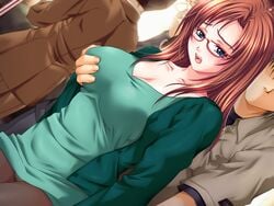 asahi_ayano big_breasts blue_eyes blush breast_grab brown_hair chikan female game_cg glasses groping interior mochizuki_nozomu molestation oneesan_nakadashi_chikan_ressha rape short_hair skirt_lift train