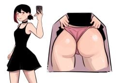 1girls 2d 2d_(artwork) adjusting_panties ass ass_closeup black-haired_female black_dress black_hair black_hair_female blank_background blush blush_lines butt cell_phone chainsaw_man choker close_up_ass higashiyama_kobeni mole_on_ass mole_on_butt phone pink_panties ponytail sweatdrop taking_selfie using_phone white_background zero_dead_zone
