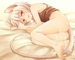 after_sex animal_ears barefoot blush bottomless breath cum cum_on_pussy female hair looking_at_viewer lying mouse_ears mouse_tail nazrin on_side pussy red_eyes short_hair silver_hair smile solo touhou yudepii