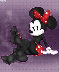 1anthro 1girls 2025 4_fingers 4_toes black_body black_feet black_fur black_skin cartoony december disney elricalde feet feet_focus female female_only foot_fetish hair_ornament looking_at_viewer mickey_mouse_shorts minnie_mouse nail_polish sexy sitting smelly smelly_feet smelly_soles soles soles_fetish solo solo_anthro