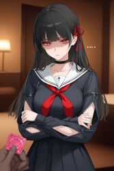 ... 1girls ai_generated black_hair blue_pupils chisa_(wuthering_waves) condom_wrapper crossed_arms dark-skinned_male hotel_room long_hair red_eyes school_uniform serafuku shaded_face thaloria wuthering_waves