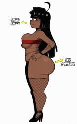 ahoge arrow_(symbol) ass bandeau belly black_eyes black_footwear black_hair blunt_bangs breasts bursting_breasts clothing curvy dark-skinned_female dark_skin english_text evil_container female fishnet_thighhighs fishnets from_side full_body hand_on_own_hip hands_on_own_hips high_heels huge_ass large_breasts long_hair looking_at_viewer meme oc original_character panties plump red_panties shortstack simple_background skindentation smile solo standing steca stequita straight_hair strapless thelazyart thick_thighs thighhighs thighs thong tube_top underboob undersized_clothes underwear venezolana very_dark_skin white_background