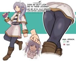 1girls 2024 2d 2d_(artwork) ass bottom_view chibi clothed_female earrings elf elf_female elven_ears english_dialogue english_text frieren frieren_beyond_journey's_end head_rub holding_bottle legwear looking_at_viewer retweet_challenge smug_face sousou_no_frieren spanish_dialogue spanish_text twitter_link twitter_url zero_dead_zone