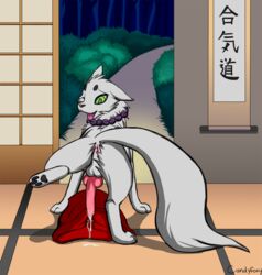 after_sex anthro anus ass ayakashi balls candyfoxy canine collar cum cum_inside erection feral furry ghost green_eyes kekkaishi madarao male male_only no_humans open_mouth penis solo spirit tongue tongue_out white_fur