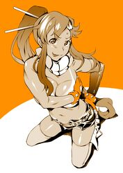 belt blush breast_press breasts cleavage covering_breasts gloves hair_ornament kneeling large_breasts long_hair navel ojo_(dfreak) ponytail scarf shorts stockings sweatdrop tanline tengen_toppa_gurren_lagann thighhighs tied_hair tongue tongue_out topless yoko_littner