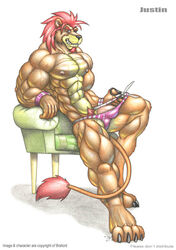 abs anthro beard biceps braford bulge chair facial_hair feline furry justin_(braford) lion looking_at_viewer male male_only muscles nipples pubes scissors sitting solo speedo swimsuit