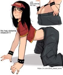 1girls 2d 2d_(artwork) ass black-haired_female black_hair black_hair_female black_nails black_panties bracelet cargo_pants chainsaw_man fast_food_uniform g-string midriff midriff_baring_shirt on_fours panties pants scar scar_on_face spanish_text text visor_cap yoru_(chainsaw_man) zero_dead_zone