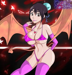 1girls areolae bat_wings bleach bra breasts brown_eyes cleavage demon demon_girl demon_wings erect_nipples female gloves greengiant2012 heart hinamori_momo large_breasts lipstick looking_at_viewer nail_polish navel necklace panties purple_hair short_hair smile solo stockings succubus tail wings