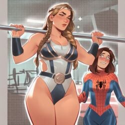 2girls ai_generated big_ass big_breasts big_thighs breasts brunnhilde curvaceous curvy curvy_figure digital_media_(artwork) european_mythology female genderswap genderswap_(mtf) gym gym_clothes hips hourglass_figure huge_ass huge_breasts huge_thighs large_ass large_breasts large_thighs legs light-skinned_female light_skin marvel marvel_comics mature mature_female mythology norse_mythology peter_parker petra_parker phophopho rule_63 scandinavian_mythology slim_waist spider-man spider-man_(series) thick thick_hips thick_legs thick_thighs thighs thor_(series) valkyrie valkyrie_(marvel) voluptuous waist wide_hips wide_thighs workout_clothes yuri
