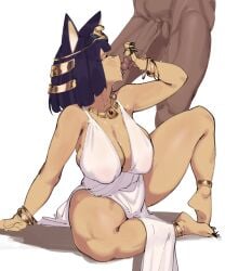 absurdres ancient_egyptian animal_crossing animal_ears ankha ankha_(animal_crossing) anklet bangle black_nails blue_hair blunt_bangs blush bob_cut bracelet breasts cat_ears cat_girl colored_skin curvy dark-skinned_male dark_skin dress fellatio female fingernails hair_ornament highres jewelry kida_eve large_breasts long_fingernails male on_floor oral short_hair snake_hair_ornament white_dress yellow_skin