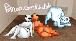 3girls alternate_version_available ass bald bald_female belly belly_button black_eyes blue_eyes breasts censored censored_ass censored_nipples censored_pussy chetoh chubby chubby_female claire_(chetoh) claudia_(chetoh) cleavage cloud cloud_humanoid completely_nude egg feet female female_focus female_only frown frowning fruit fruit_humanoid hand_on_hip hot jack-o_pose leaf leaf_hair looking_to_the_side looking_up mandy_(chetoh) naked naked_female nude nude_female oc orange orange_body original original_character patreon patreon_url photo_background pixelated sitting steam steaming_body steamy_breath sweat sweating sweating_female sweating_profusely toes url white_body