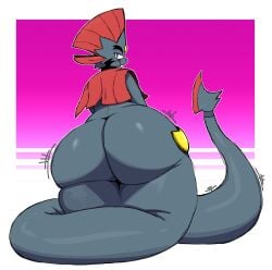 1boys 2025 ass big_ass black_body color commission fangs feladrine femboy fusion huge_ass huge_thighs hybrid long_tail looking_at_viewer looking_back looking_back_at_viewer magenta_background male male_only original_character pink_background pokemon pokemon_(species) pokemon_fusion purple_eyes red_hair scalie seviper snake solo solo_male tagme tail thick_thighs thighs weavile white_border