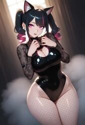 1girls ai_generated big_breasts breasts bustybunz cat_ears cat_outfit choker cute_pose dance drill_hair female female_only fishnets goth goth_girl huge_ass huge_breasts latex light-skinned_female pink_eyes shiny sleeves solo steam tagme thick_thighs tight_clothing twintails video