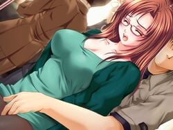 asahi_ayano big_breasts blue_eyes blush brown_hair chikan female fingering game_cg glasses interior mochizuki_nozomu molestation oneesan_nakadashi_chikan_ressha rape short_hair skirt_lift train