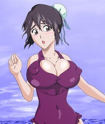 1girls areolae beach bimbo black_hair bleach blush breasts brown_eyes clouds embarrassed female greengiant2012 hinamori_momo hourglass_figure huge_breasts large_breasts nipples ocean sea sky solo swimsuit