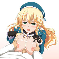 1boy :d admiral_(kantai_collection) atago_(kantai_collection) beret black_gloves blonde_hair blush breast_grab breasts breasts_out cum cum_on_body cum_on_breasts cum_on_upper_body female gloves green_eyes hat heart heart-shaped_pupils huge_breasts kantai_collection long_hair male nekoreceipt nipples open_clothes open_mouth open_shirt paizuri penis personification smile straight symbol-shaped_pupils