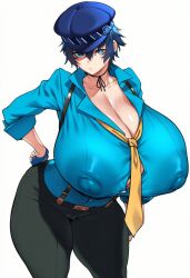 1girls alternate_breast_size big_breasts blue_eyes breasts_bigger_than_head cameltoe female gigantic_breasts huge_breasts hyper hyper_breasts looking_at_viewer massive_areolae massive_breasts nipples_bulge nipples_visible_through_clothing persona persona_4 police police_uniform policewoman shirogane_naoto slim_waist solo tight_clothing transparent_clothing white_background wide_hips